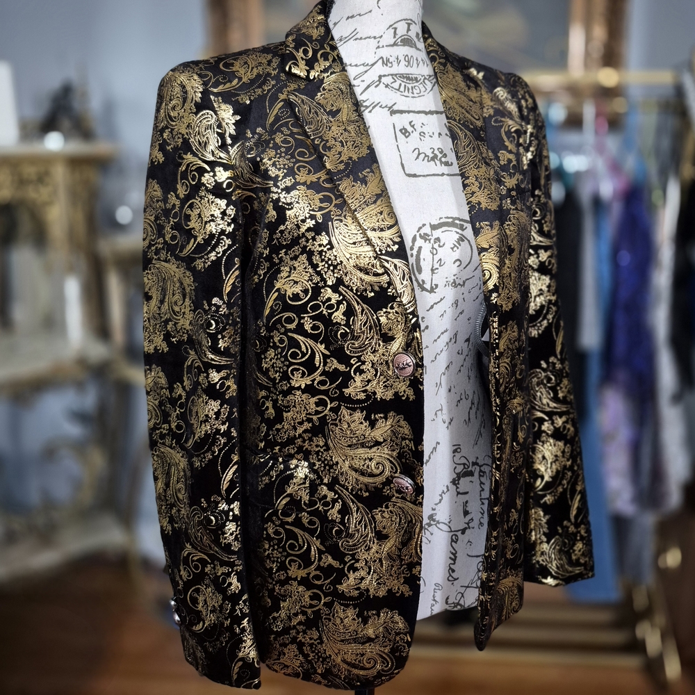 Luxurious Black and Gold Women's Brocade Blazer